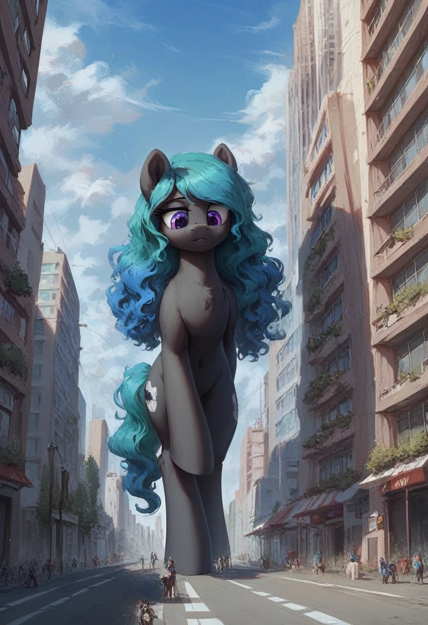 score_9, score_8_up, score_7_up, 2girls, giantess, macro, giant pony, character1: white body, blue hair, wavy hair, purple eyes, character2: black body, green hair, straight hair, blue eyes, anatomically correct, feral anatomy, good anatomy, depth of field, muted colors, extremely high quality RAW photograph, earth pony, semi-anthro, female, ponified, fluff chest, walking through the city, (background: among buildings, narrow streets, as tall as buildings), view from below, close-up, focus