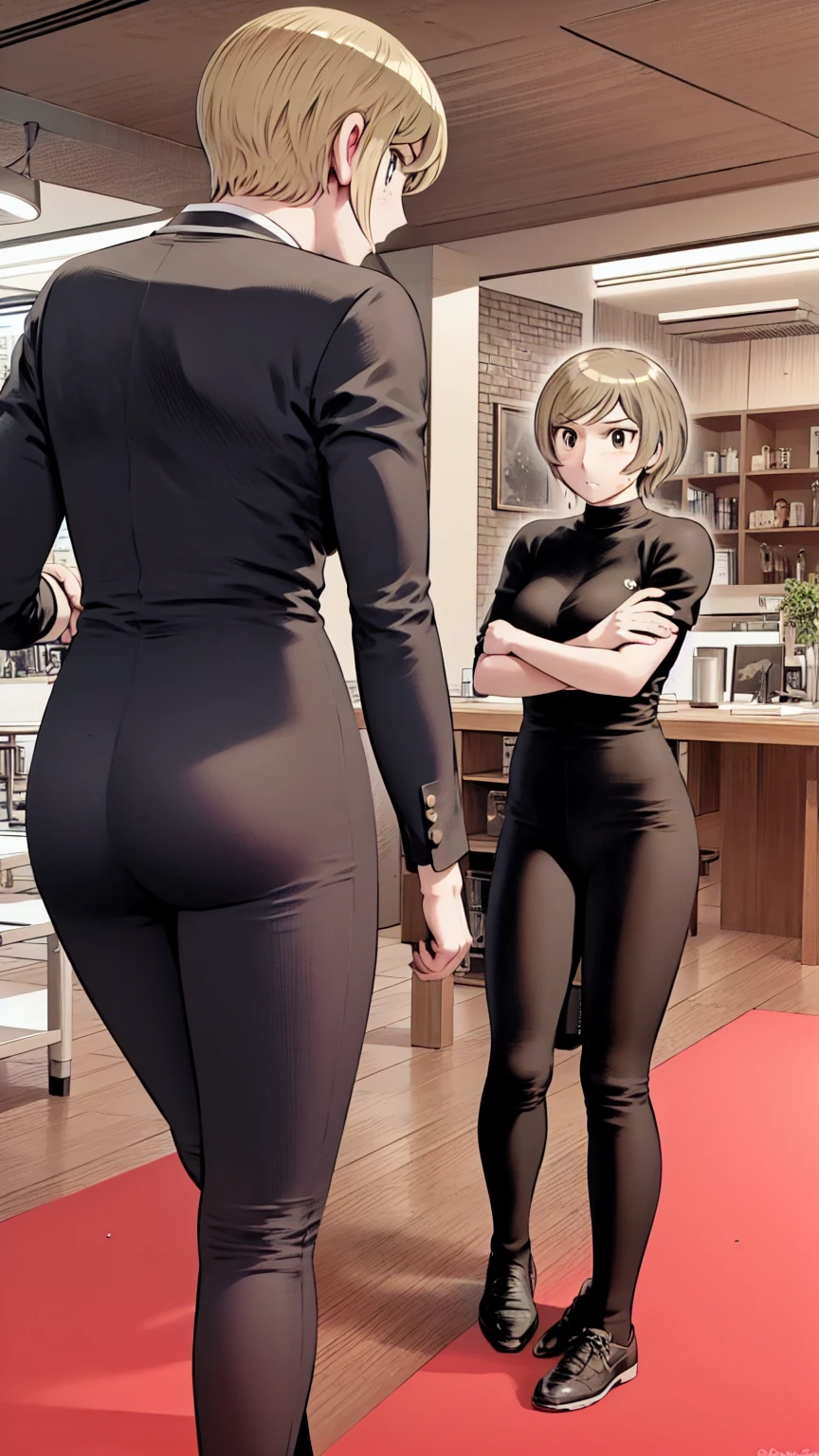 、(masterpiece、Highest quality)、Highest quality, Ultra-high resolution, (((masterpiece))), alone, Sweat、Big eyes,office、Tight white dress shirt、Tight black suit、Tight black pants、indoor、Composition from the front、(Cut the back hair short、short hair、blonde、woman)、Shortcuts、Embarrassed face、Cut your hair short、可愛いwomanの子、Big Breasts