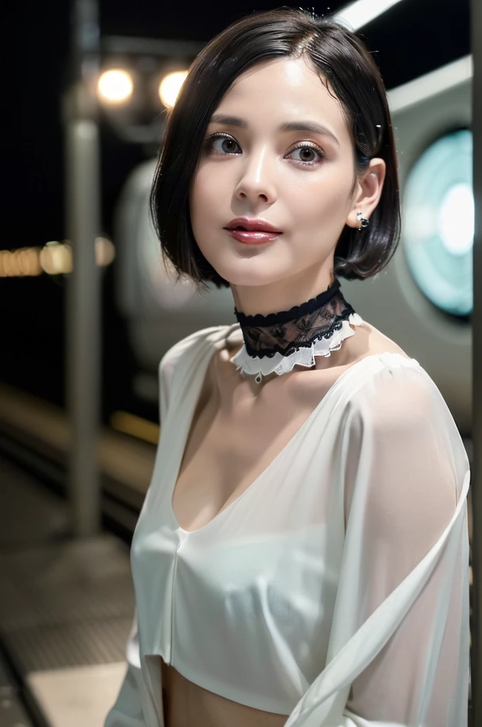 (((Ultimate Photorealistic, ultimate high-quality 32k photo))),(((American-shot photo taken from the front, looking at viewer))),(((( Seductive pose, 7 heads、Staring Intently :1.8)))),(((A pure white business blouse with a wide V-neck and extremely thin fabric., Soaking wet、She is looking straight at the camera with a very shy look on her face.。light makeup、elegant black wet middle bob。Elegant white thin choker:1.4)))。((Highest quality)), ((masterpiece)), (((detailed))), (midnight ,A modern train station platform in Tokyo on a dark, pouring, stormy night, Low Key Lighting:1.6)、(((A very beautiful, extremely elegant and intelligent 42 year old Japanese woman。Very intelligent and plump。An extremely elegant, calm and modest smile, Being drunk、My eyes are quite watery、I'm very horny、embarrassed ,blush, Curvy Body、Extremely realistic, detailed and beautiful depiction of the face and waist:1.9)))、(((The skin is white and very smooth。A very hot rainy summer night、I'm pretty sweaty、My clothes were soaked and pretty see-through.、When wet, it sticks tightly to the skin, revealing the beautiful lines of the body.、Through the extremely thin fabric, her skin and her navy blue, lacy, high-end underwear are clearly visible.:1.9)))。(((A simple and elegant business pencil skirt in a plain navy blue knee-length,The clothes fit the body very well:1.8))), ((Healthy Body、The line of the chest, collarbone and décolletage are extremely beautiful.:1.9))。(((large&good hips、large&nice chests )))
