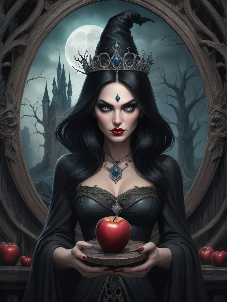 wonderland，Witch with mysterious powers，((beautiful))，Black hair，Dark Castle，Dead Wood, ((Holding a poisoned apple，Poison Magic))，(Magic mirror)，Witch Queen，magic, Fantastic, Fantasy art concept, Intricate details, best quality, masterpiece, Extremely sharp, Surrealism