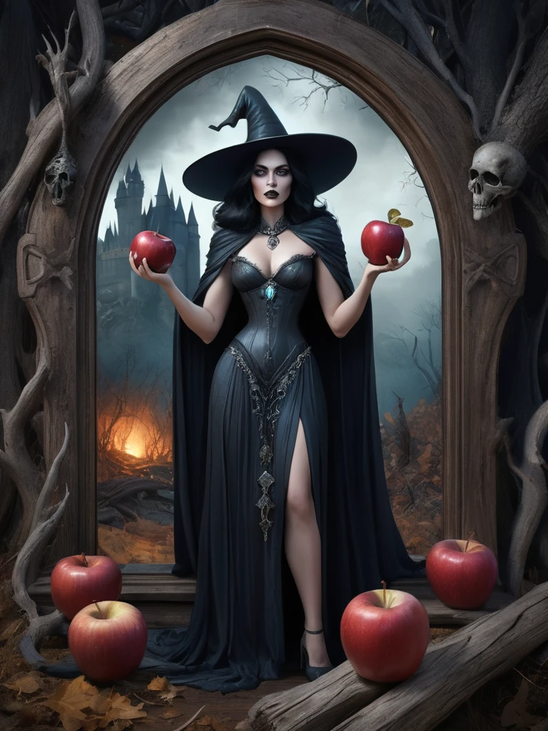 wonderland,Witch with mysterious powers,((beautiful)),Black hair,Dark Castle,Dead Wood, ((Holding a poisoned apple,Poison Magic)),(Magic mirror),Witch Queen,magic, Fantastic, Fantasy art concept, Intricate details, best quality, masterpiece, Extremely sharp, Surrealism