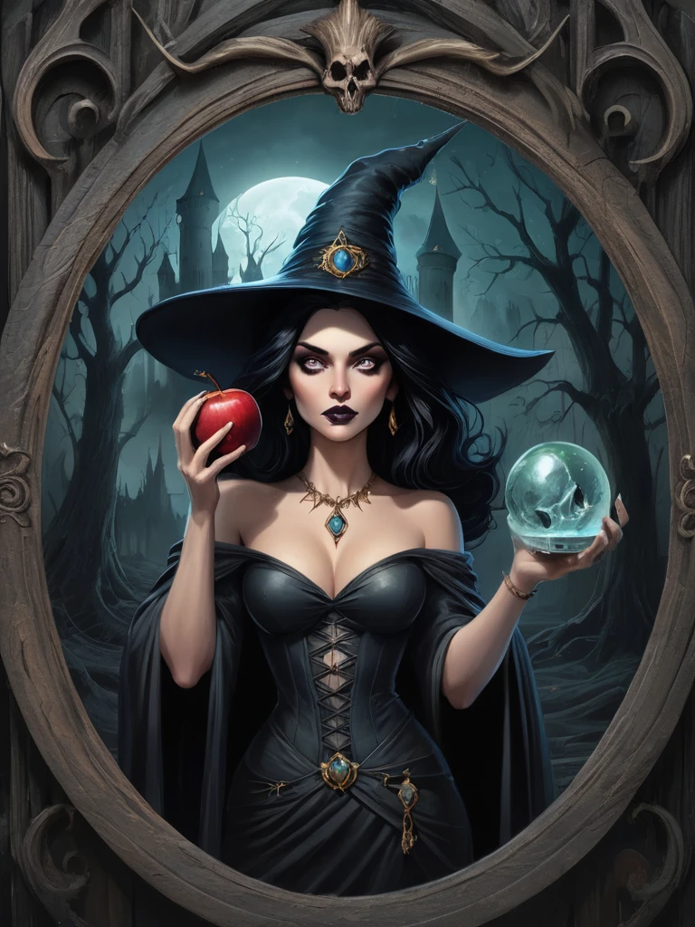 wonderland，Witch with mysterious powers，((beautiful))，Black hair，Dark Castle，Dead Wood, ((Holding a poisoned apple，Poison Magic))，(Magic mirror)，Witch Queen，magic, Fantastic, Fantasy art concept, Intricate details, best quality, masterpiece, Extremely sharp, Surrealism