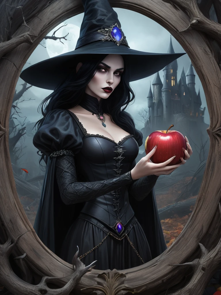 wonderland，Witch with mysterious powers，((beautiful))，Black hair，Dark Castle，Dead Wood, ((Holding a poisoned apple，Poison Magic))，(Magic mirror)，Witch Queen，magic, Fantastic, Fantasy art concept, Intricate details, best quality, masterpiece, Extremely sharp, Surrealism