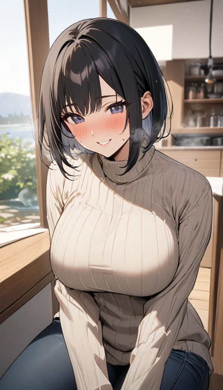 (Modern house interior/), Only one woman, Mature Woman, /(blue ribbed Sweater/), bangs, Black Hair、Bobcut、A gentle, blushing smile, (Masterpiece Top quality:1.2) Delicate illustrations, Very detailed, Large Breasts、No bra、Very good、((Sweat,vapor,Vulgarity))、Tight sweater、