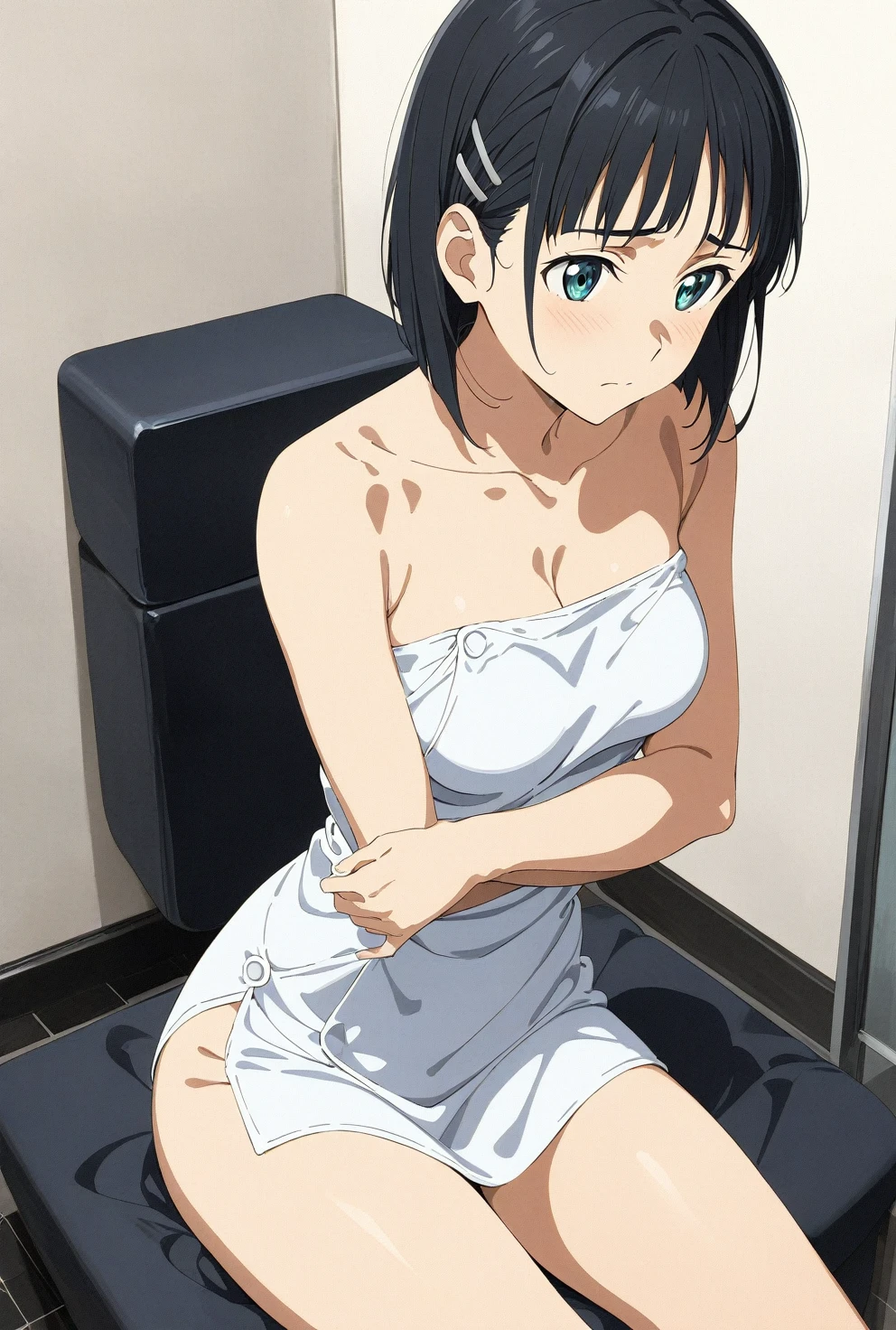 (masterpiece), (best quality), (ultra-detailed), very aesthetic, illustration, perfect composition, intricate details, absurdres, detailed face, (intricate),1girl, (kirigaya suguha, sword art online, green eyes, black hair, medium breasts, solo), (shy, blash,embarrassed), (narrowed eyes), (glowing eyes:1.2), bathtowel, sit, glare, bathroom, perfect face, 4k, extremely detailed anime illustration,, enhanced details,cowboy shot,perfect anatomy,smooth skin, (photo background), cristal clear eyes, beautiful face,(anime style:1.5), (highres),