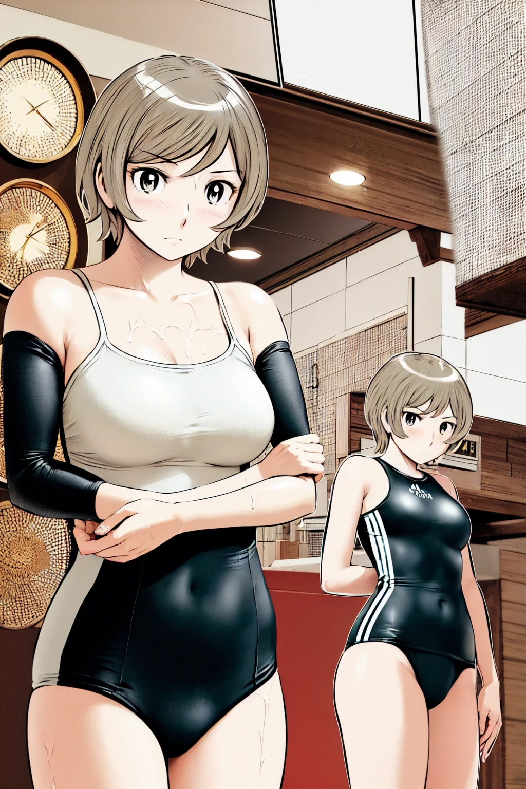 Blonde, (short hair:1.2)、((Illustration of a person))、Big Breasts、
View your viewers,, (Highest quality:1.3),blue eye star piece、Highest quality)、Highest quality, Ultra-high resolution, (((masterpiece))), alone, Sweat、Big eyes、Big Breasts、One Girl, Front view、Embarrassed face、Bronze colored hair、((short hair))、One Girl, alone, blush, Big Breasts,
Bare arms, Wet, Pool, 青いSchool Swimsuit, Thighs, Place your arms at your sides, Bare arms, Cowboy Shot, Are standing, School Swimsuit,bite、High Leg、mansuji、Boobs exposed、Nipples、Shoulder straps fall、One side off-shoulder、Breast Exposure、Happenings