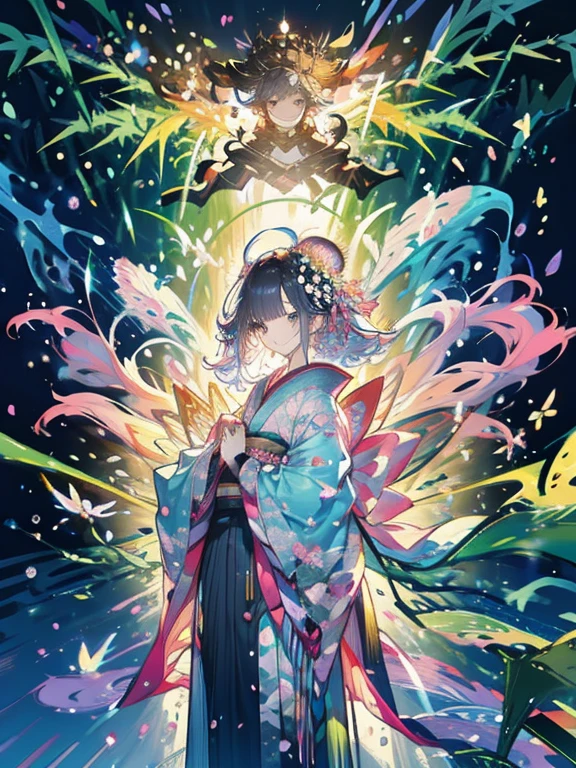 Masterpiece、Rainbow Hair、Delicate eyes、smile、Delicate eyes、Tied up hair、Beautiful hair ornament、kimono、(((bamboo forest)))、whole body