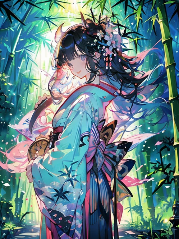 Masterpiece、Rainbow Hair、Delicate eyes、smile、Delicate eyes、Tied up hair、Beautiful hair ornament、kimono、(((bamboo forest)))、whole body