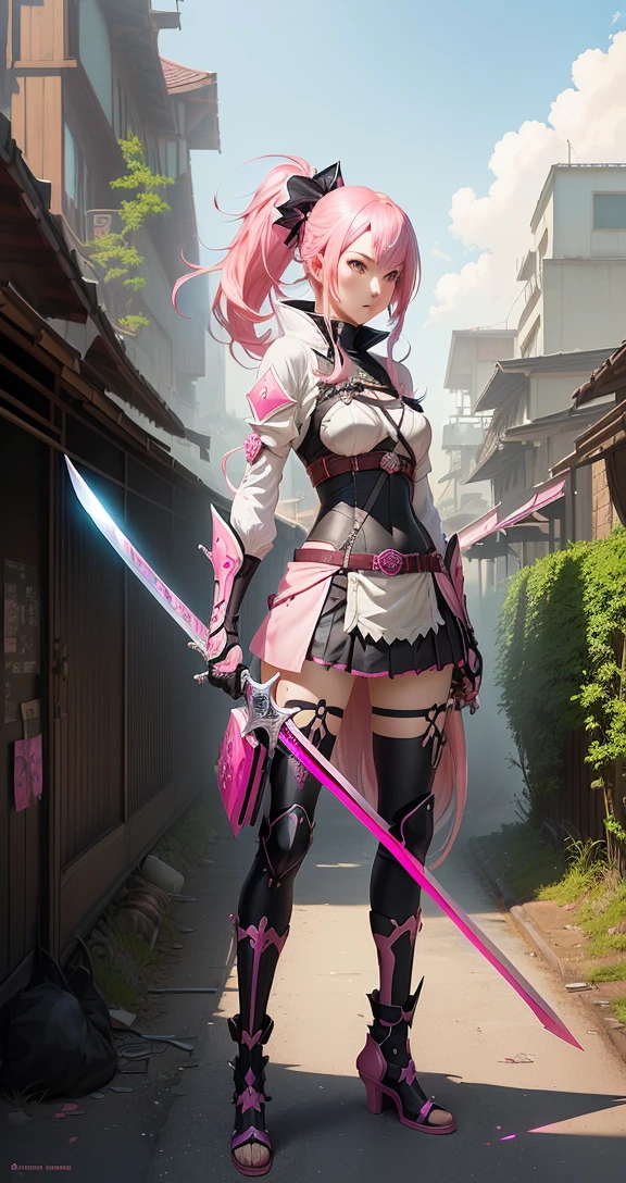 anime girl with pink hair holding a sword and a pink bag, drakengard, no more heroes concept art, krenz cushart and artem demura, inspired by Masamune Shirow, krenz cushart and asher duran, inspired by Krenz Cushart, by shirow masamune, detailed key anime art