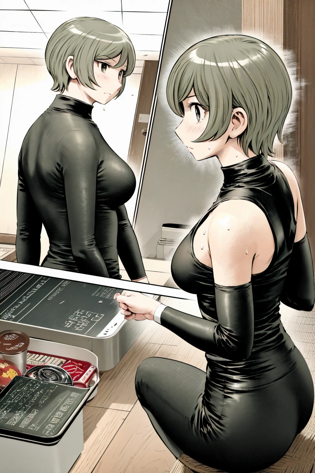、(masterpiece、Highest quality)、Highest quality, Ultra-high resolution, (((masterpiece))), alone, Sweat、Big eyes,office、Tight white dress shirt、Tight black suit、Tight black pants、indoor、Composition from the front、（Cut the back hair short、short hair、blonde、woman）、Shortcuts、Embarrassed face、Cut your hair short、可愛いwomanの子、Big Breasts、Sit on a chair、Face to face、Composition from the front、View your viewers