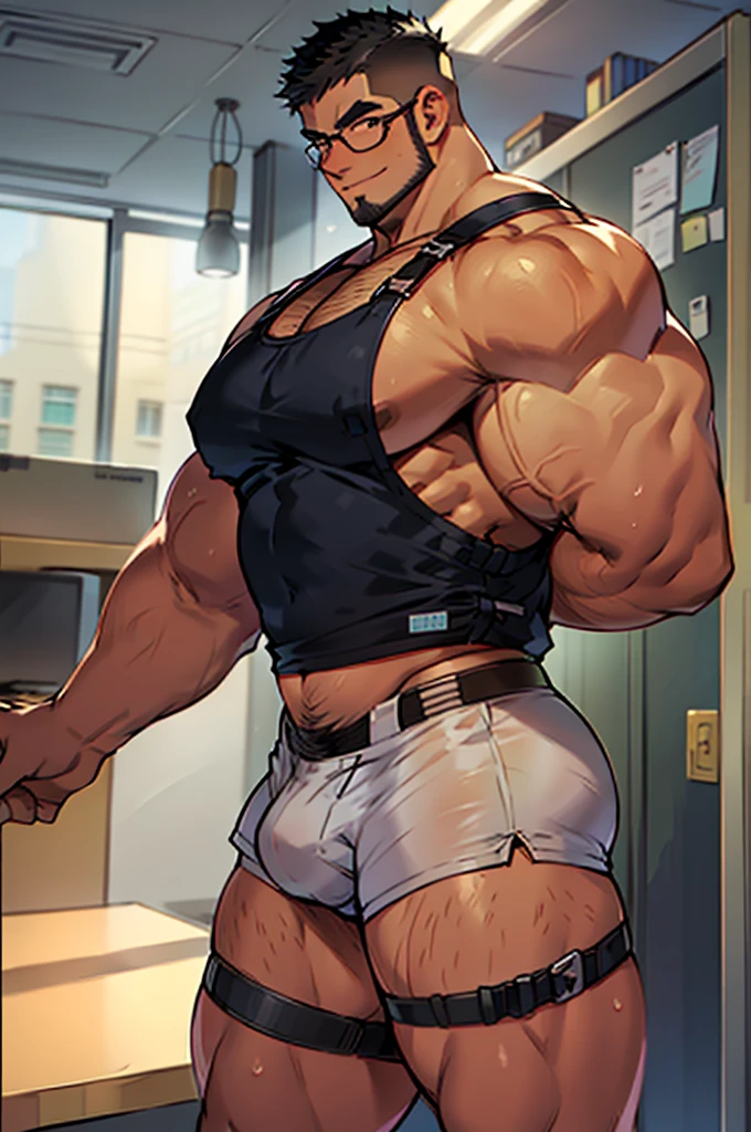 4k, masterpiece, high resolution:1.2, 1 man, solo, bara, muscular, big physique, crew cut hair, facial hair, chest, wide shoulder, big biceps, big thighs, big triceps, big butt, black hair, cute smile, friendly, standing in an office, underwear boxers , shirtless, wearing glasses, upstairs office in the background, ultra detailed, shredded muscle, flat style (((wearing harness))) (((view from the side, thick huge ass)))