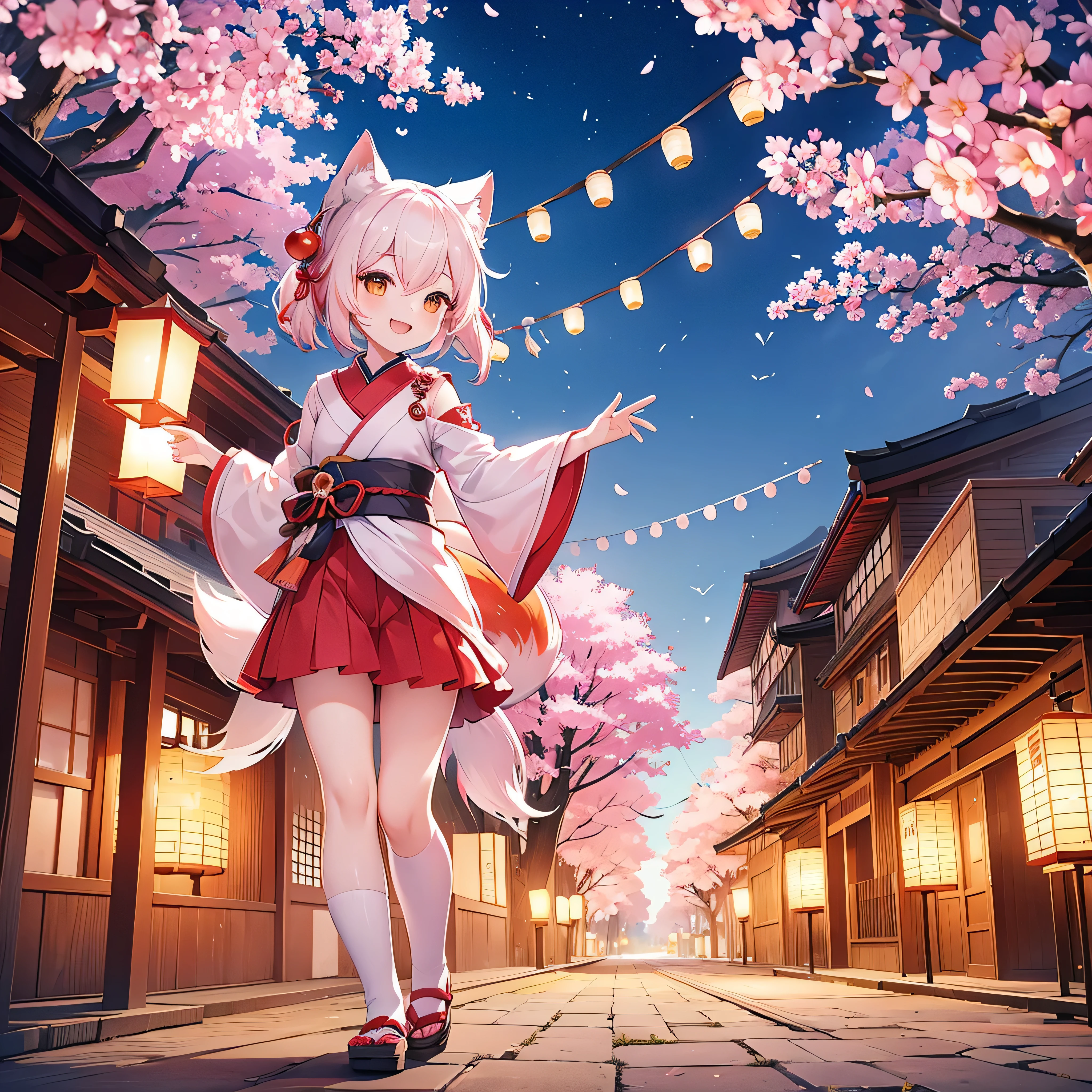 lanterns flying off into the sky, cherry blossom trees, kitsune people, happy, cheerful 