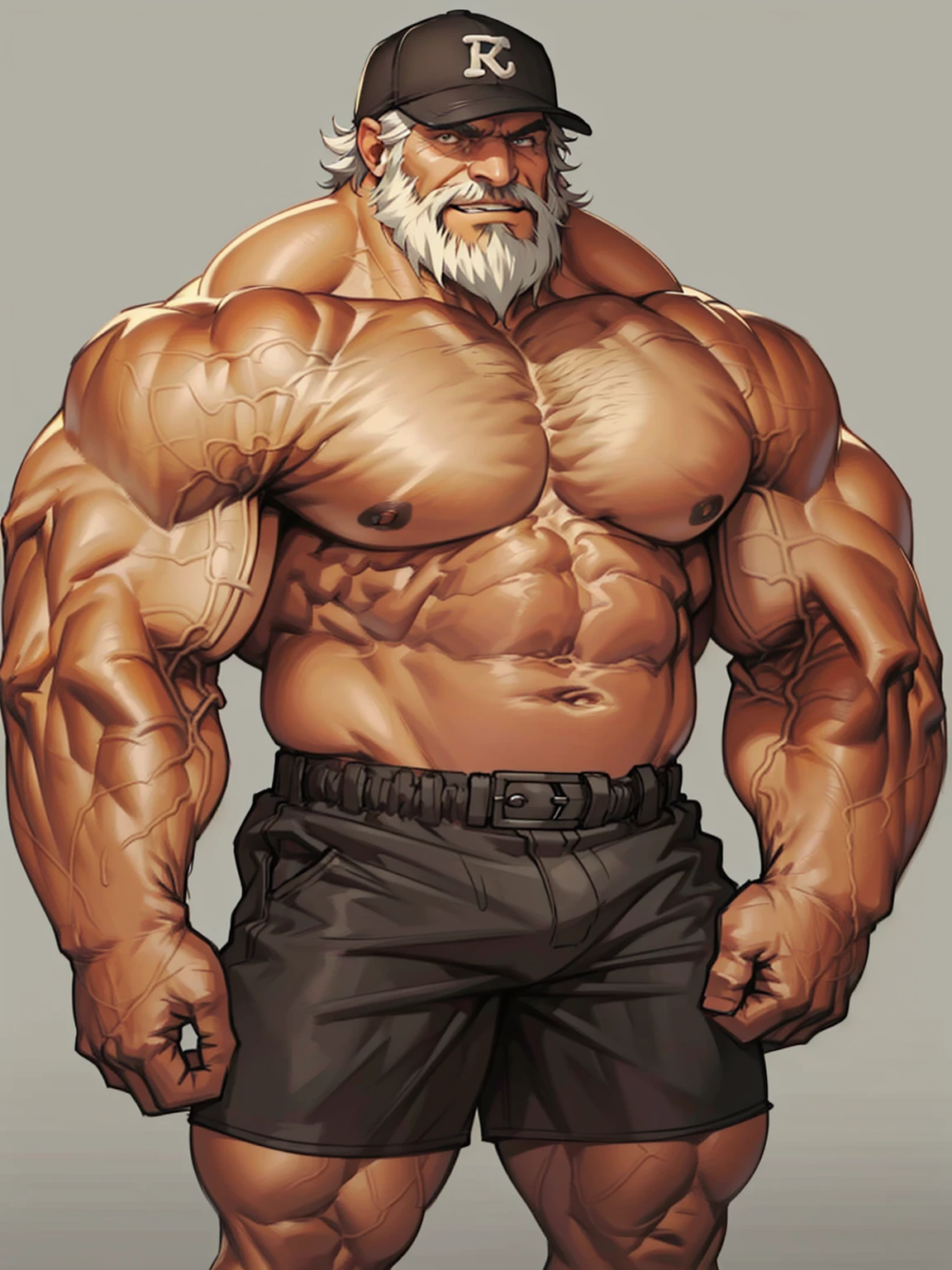 solo, 1boy, Huge Muscular Old man wearing baseball cap , pectoral, thick arms, huge pectoral, wide pectoral, short white hair, short pants and shirtless, bearded, simple background, masterpiece, high detailed, 8k, high resolution