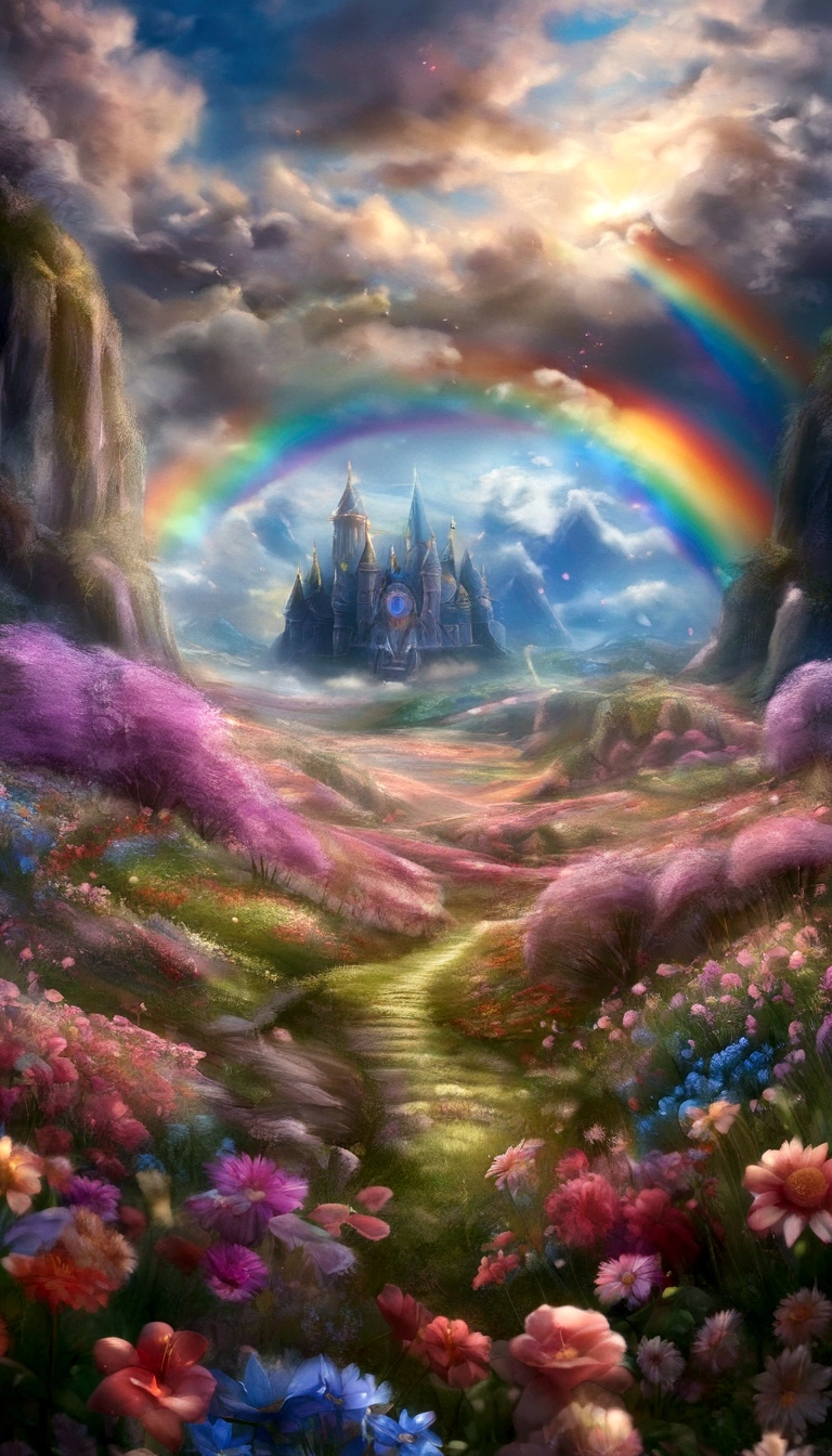 The world of Final Fantasy, a rainbow-colored flower field with no one around, each petal a rainbow color, an extremely beautiful scenery, a world of light, heaven, a world of gods, the most beautiful images, the highest quality, 8K.