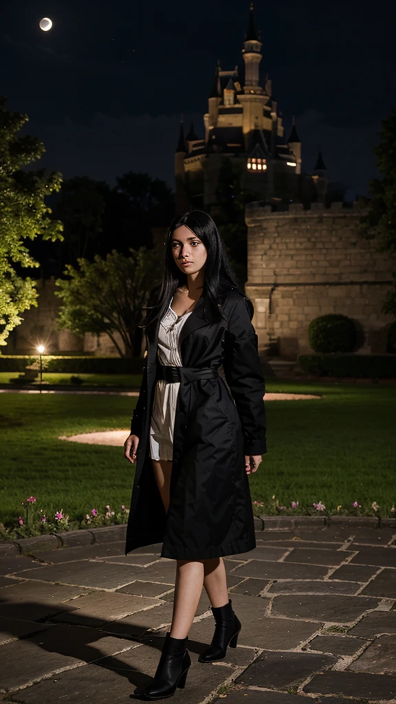 A girl with black hair walking in the castle garden on full moon night
