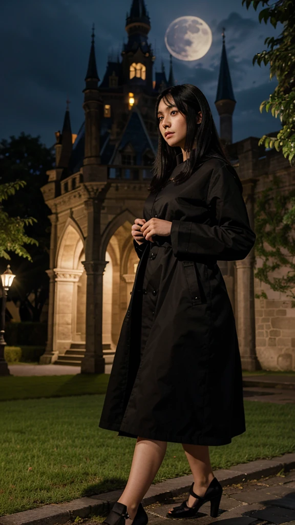 A girl with black hair walking in the castle garden on full moon night