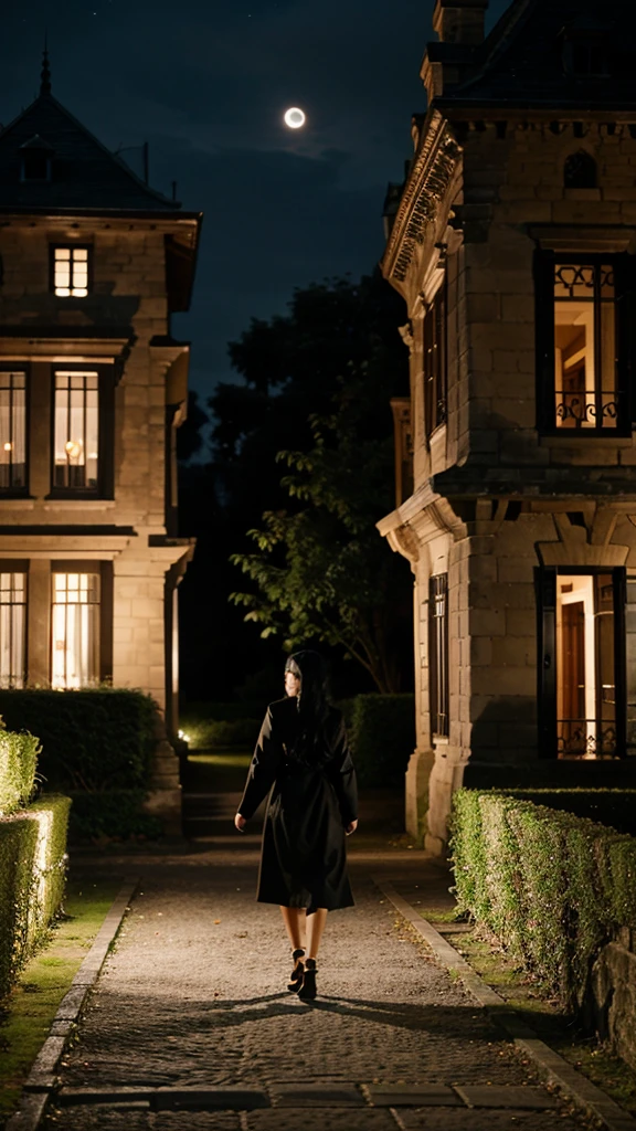 A girl with black hair walking in the castle garden on full moon night
