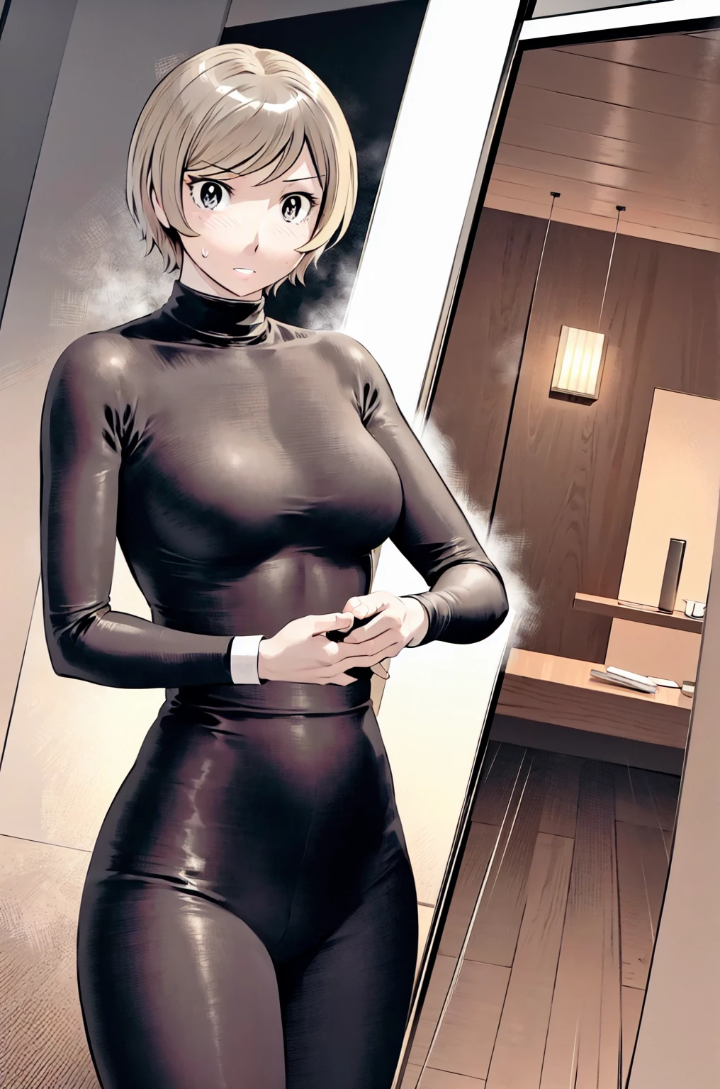、(masterpiece、Highest quality)、Highest quality, Ultra-high resolution, (((masterpiece))), alone, Sweat、Big eyes,office、Tight white dress shirt、Tight black suit、Tight black pants、indoor、Composition from the front、（Cut the back hair short、short hair、blonde、woman）、Shortcuts、Embarrassed face、Cut your hair short、可愛いwomanの子、Big Breasts、officeレディ、