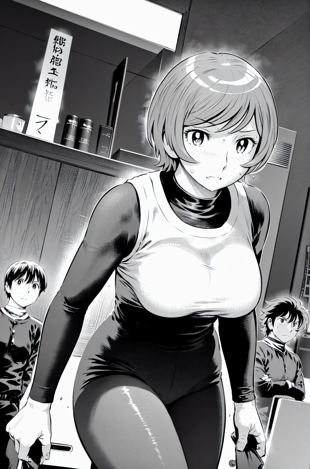 、(masterpiece、Highest quality)、Highest quality, Ultra-high resolution, (((masterpiece))), alone, Sweat、Big eyes,office、Tight white dress shirt、Tight black suit、Tight black pants、indoor、Composition from the front、(Cut the back hair short、short hair、blonde、woman)、Shortcuts、Embarrassed face、Cut your hair short、可愛いwomanの子、Big Breasts、officeレディ、