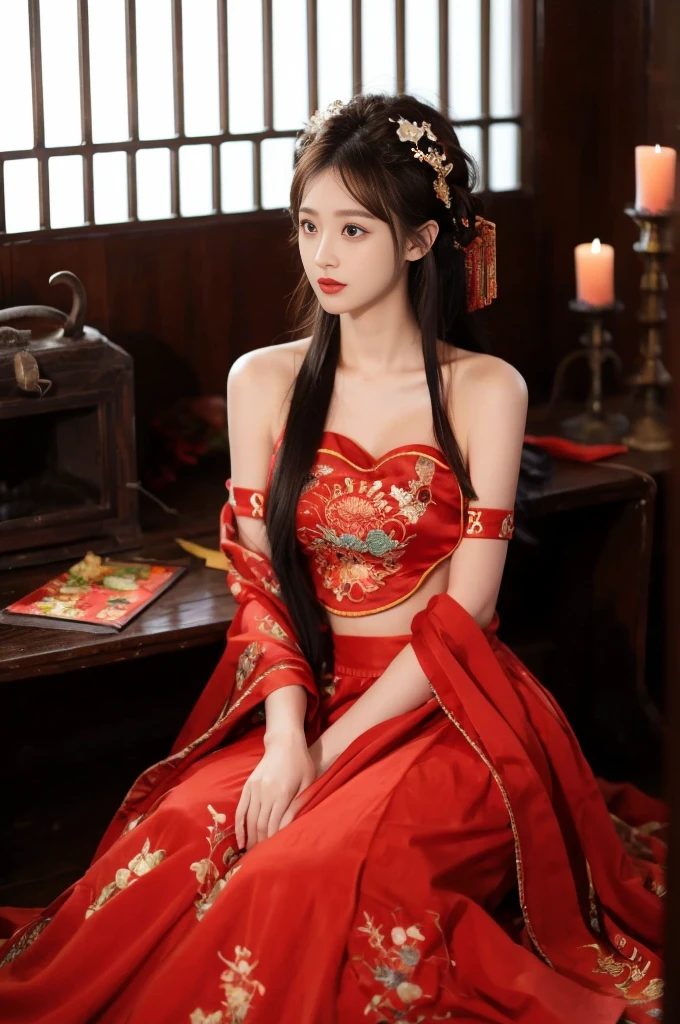 1 girl, skirt, Hair accessories, red skirt, Solitary, Chinese clothes, Long hair, sit, Bare shoulders, window, Brown hair, OK, indoors, Black Hair,
Looking at the audience
 