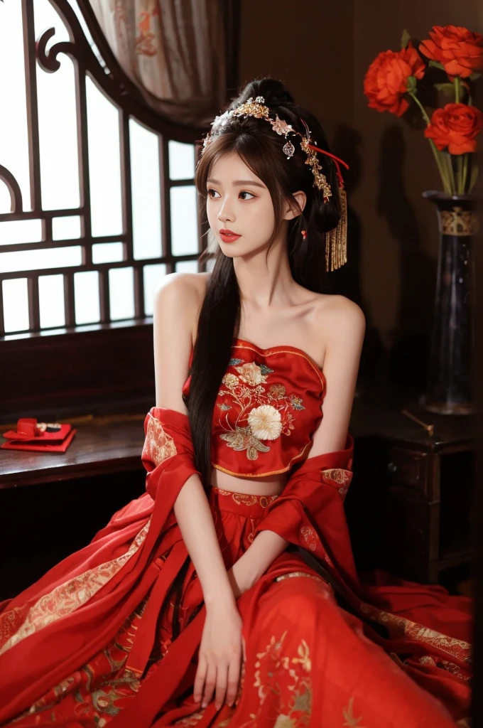 1 girl, skirt, Hair accessories, red skirt, Solitary, Chinese clothes, Long hair, sit, Bare shoulders, window, Brown hair, OK, indoors, Black Hair,
Looking at the audience
 