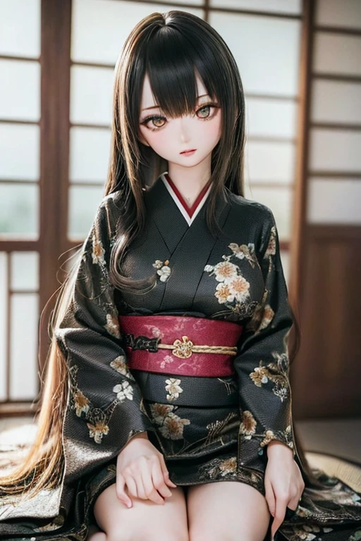 photorealistic, realistic photo, ((highest quality)), ((masterpiece)), detailed, kukolnydom, doll, (mature woman, 22yo, 22 years old:1.6), solo, ((cowboy shot, seiza, skinny, slender, slim, parted lips)), green eyes, black hair, long hair, (looking at another, blank eyes, empty eyes, detailed eyes, detailed face:1.3), kimono, Japanese room, 8k
