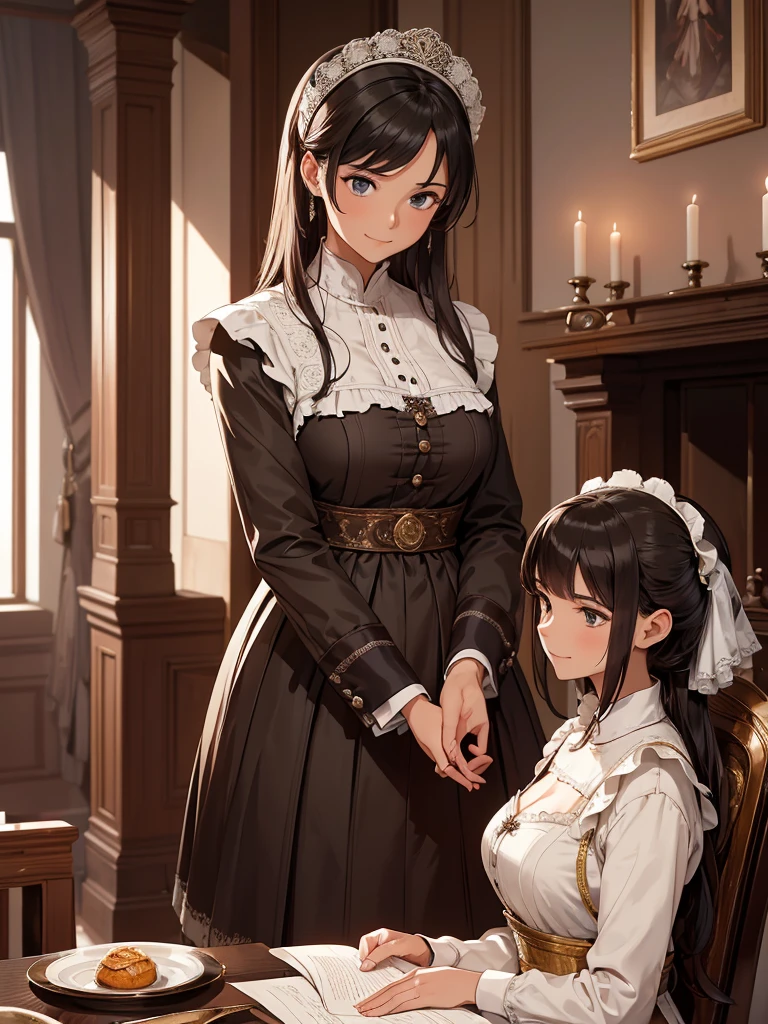 (masterpiece、top-quality、hight resolution), Picture a scene in which the protagonist is entertained by a kind, receptive, and abundantly experienced maid of honor. The maid of honor has a natural warm smile on her face, which conveys her wealth of experience and security. She is dressed in traditional chambermaid's clothing, creating a sense of calm and security. In the background is a comfortable and elegantly decorated room, emphasizing the cozy and relaxed atmosphere. The maid of honor serves with grace and care, making the hero completely relaxed and cared for. The maid of honor's main focus is to ensure the comfort of the protagonist, which is evident in her every action and facial expression.