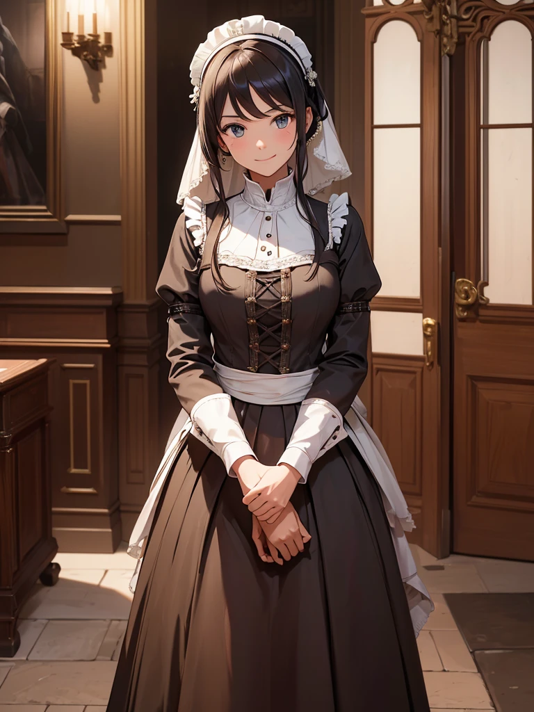 (​masterpiece、top-quality、hight resolution), Picture a scene in which the protagonist is entertained by a kind, receptive, and abundantly experienced maid of honor. The maid of honor has a natural warm smile on her face, which conveys her wealth of experience and security. She is dressed in traditional chambermaid's clothing, creating a sense of calm and security. In the background is a comfortable and elegantly decorated room, emphasizing the cozy and relaxed atmosphere. The maid of honor serves with grace and care, making the hero completely relaxed and cared for. The maid of honor's main focus is to ensure the comfort of the protagonist, which is evident in her every action and facial expression.