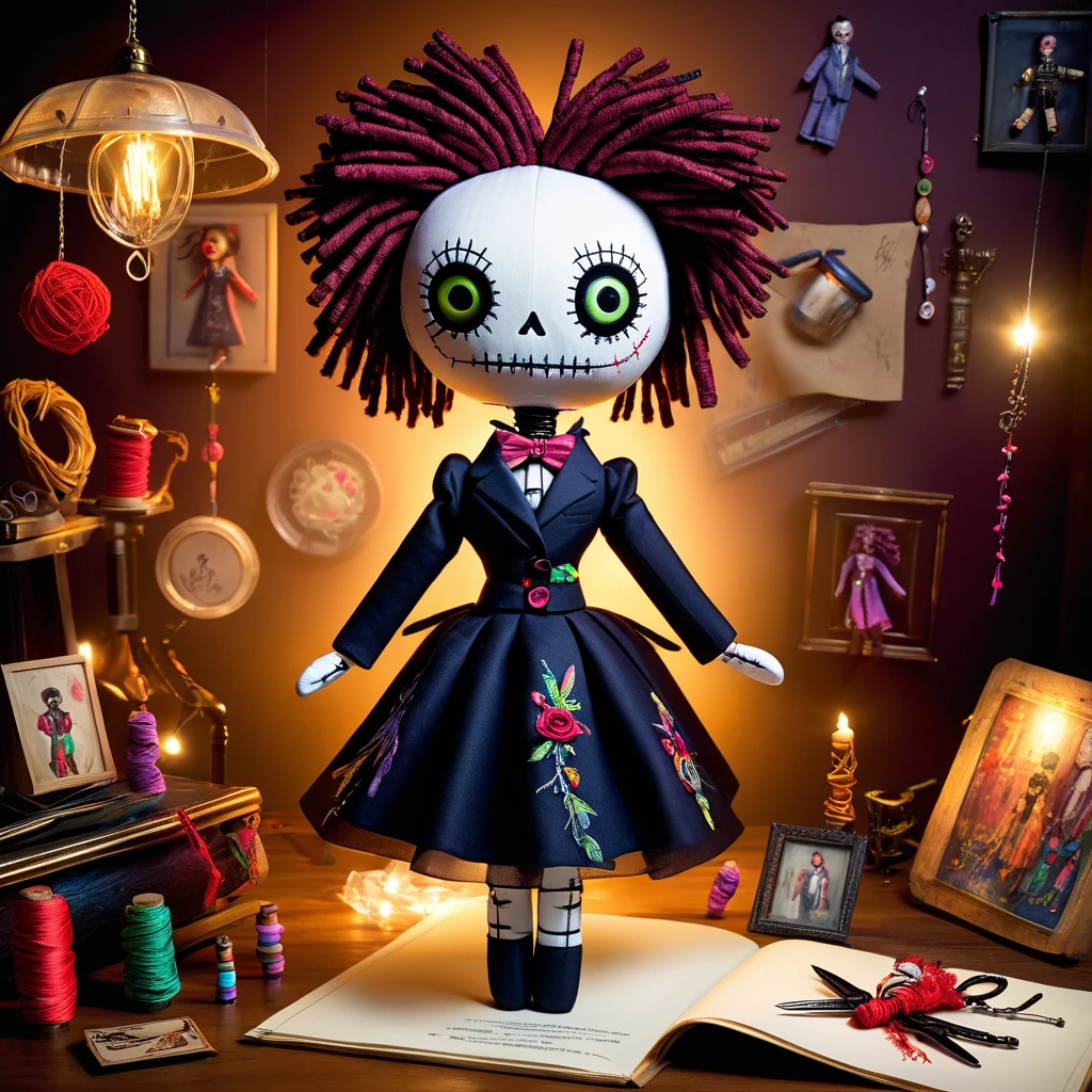 (knitted toy voodoo doll:1.7), (Voodoo Doll Fashion Designer:1.3), (Clothing: chic tailored suit with intricate embroidery:1.0), (Accessories: enchanted sketchbook emitting soft light, levitating fabric swatches:1.1), (background: stylish atelier with floating dress forms, glowing fabrics, and spectral scissors:1.2), best quality, masterpiece, detailed soft oil painting, detailed background, dramatic cinematic lighting, soft edge lighting, professional, dramatic lighting, hard edge lighting, ultra quality, 4k, masterpiece, best quality, 8k, ultra high definition, high resolution, extremely detailed