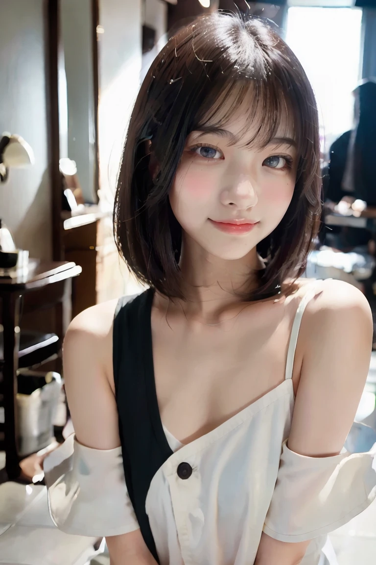 Beautiful 19 year old, intelligent and sophisticated Japanese girl. Hair in a bob, smile that exudes kindness and young power, one piece summer 2023. Medium-light, high speed shutter combined with modern photographic narrative action, ample lighting, clear focus, high quality, artistic, unique, award-winning photo, taken with Canon EOS 5D Mark IV DSLR camera, aperture f/8, ISO 200, shutter speed 1/250,