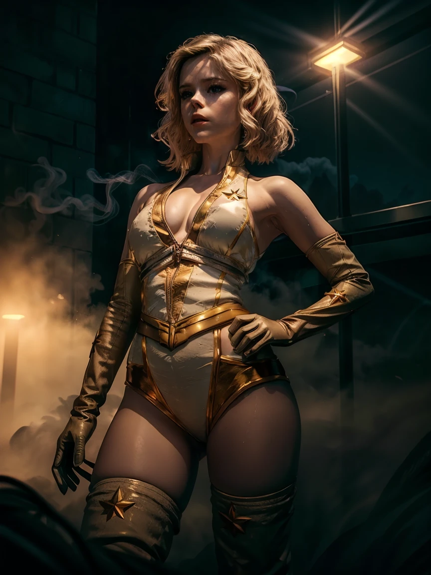 1 girl, starlight, starlight outfit, jewelry, thigh boots,gloves Posing with one hand on hip and the other arm extended outward., Strobe light combined with fog or smoke for added drama (Strobe with Fog)., Solarize, Shadow Play Photography