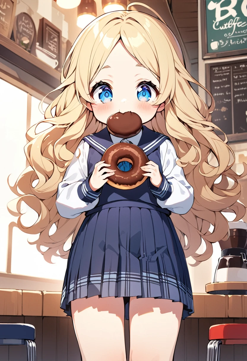 BREAK Perfect Anatomy、Highest quality、(cute:1.1)、(cute)、(High resolution:1.2)、Unbelievably absurd:1.3、Incredible illustrations、(cuteイラスト:1.2)、(Beautiful background、Coffee shop)1gial(Blonde hair and blue eyes、Wavy Hair(child,(a girl, dwarf, height 1.3meters, 30kg),,10-year-old,flat chest)(school uniform)Girl eating cocoa donut