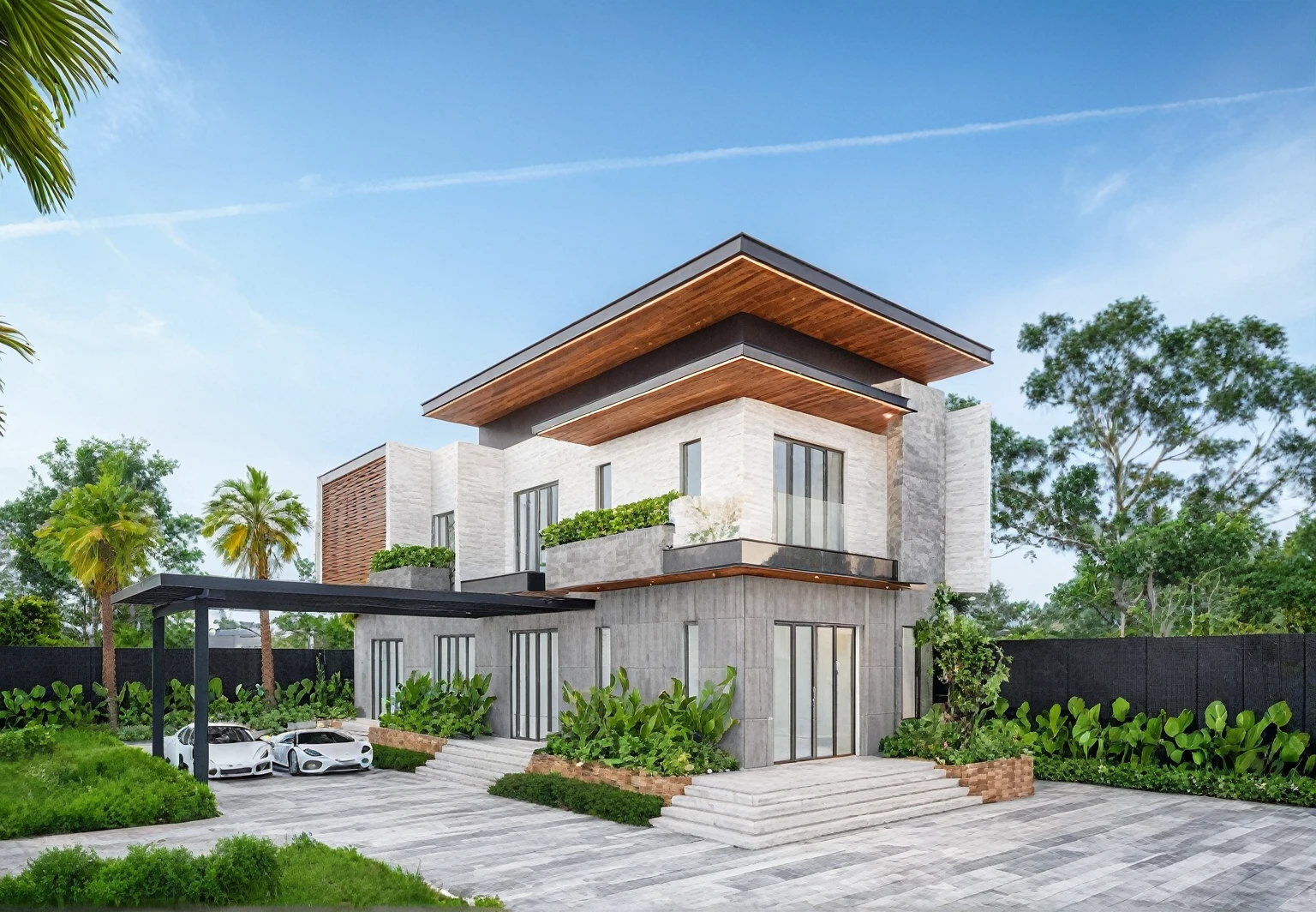 Masterpiece, high quality, best quality, authentic, super detail, outdoors, onestoreyvillaXL, aiaigroup, house style modern on the street ,stairs, white wall ,road,pavement, grass, trees, sky, cloud, (daylight:1.1)
