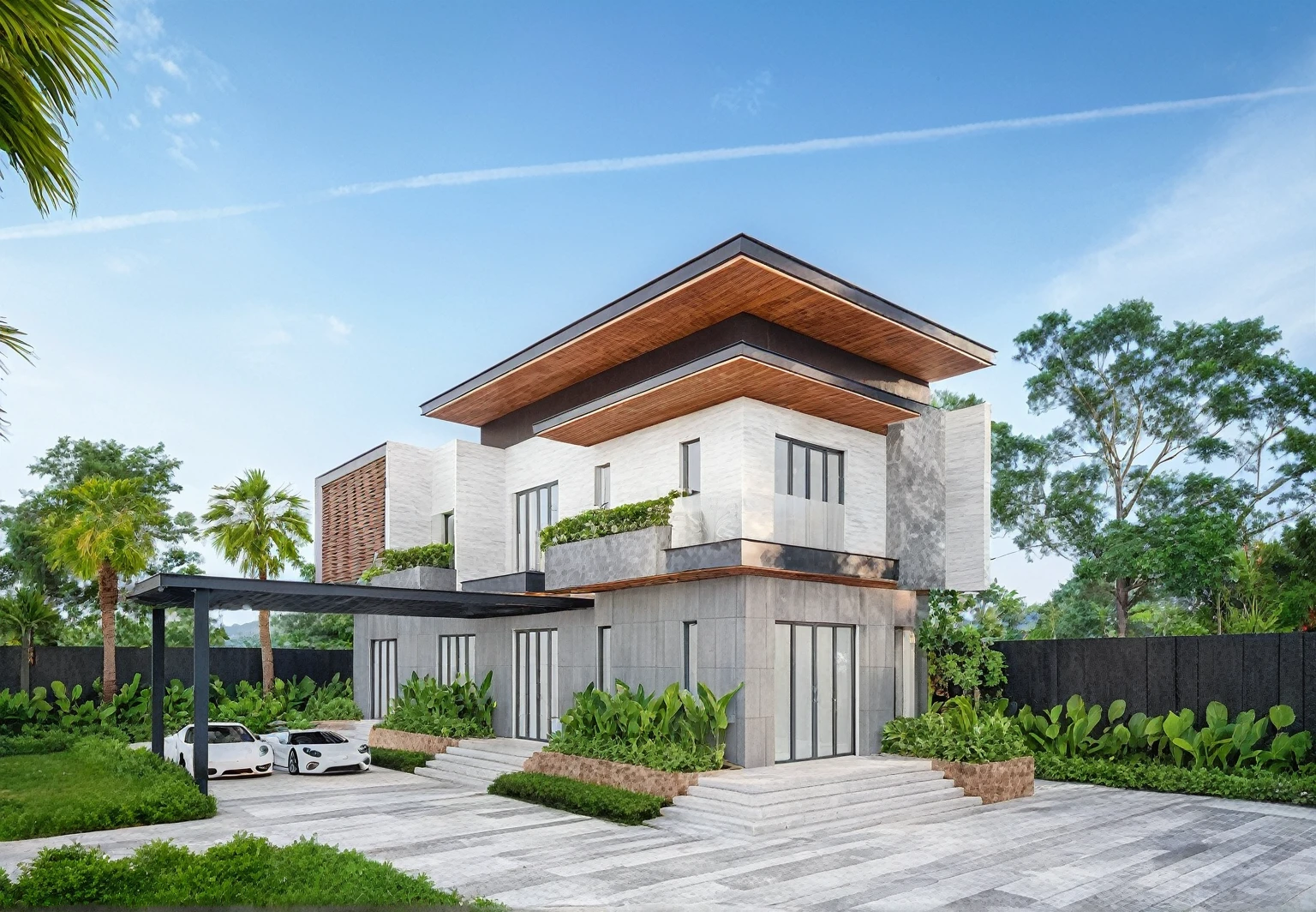 Masterpiece, high quality, best quality, authentic, super detail, outdoors, onestoreyvillaXL, aiaigroup, house style modern on the street ,stairs, white wall ,road,pavement, grass, trees, sky, cloud, (daylight:1.1)
