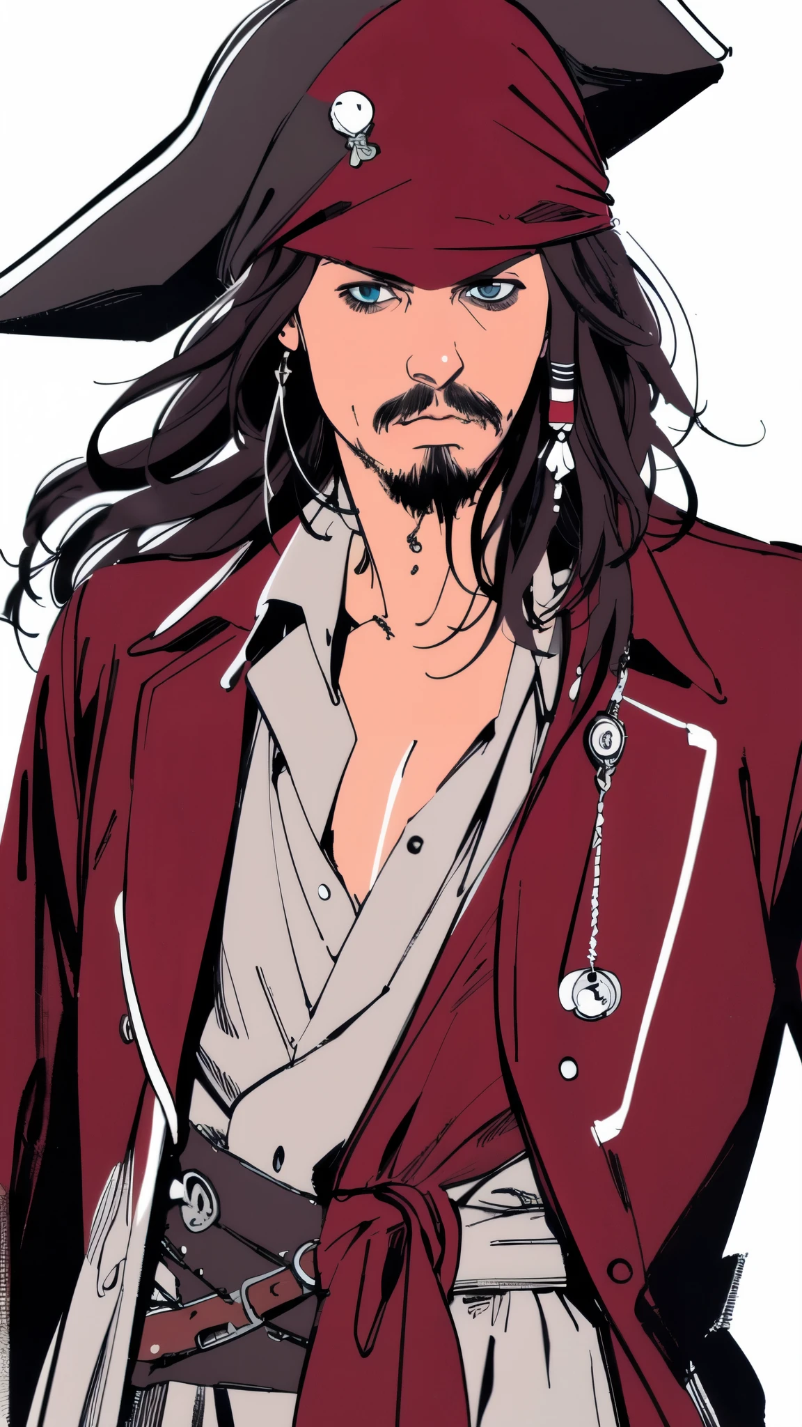 (masterpiece:1.2, Highest quality),8K,wallpaper,(An illustration),(Jack Sparrow), Upper body close-up,front,Dressed in a pirate costume,Perfect Eyes,Detailed face,,Cool guy