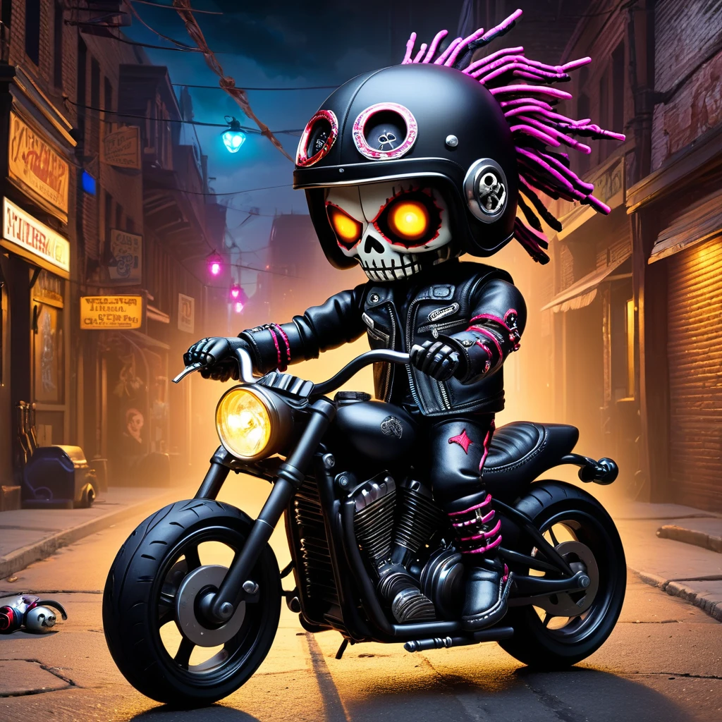 (knitted toy voodoo doll:1.7), (Voodoo Doll Biker:1.3), (Clothing: black leather vest with skull emblem:1.0), (Accessories: enchanted motorcycle helmet emitting metallic glow, levitating wrenches:1.1), (background: urban street with floating bikes, glowing streetlights, and spectral tire tracks:1.2), best quality, masterpiece, detailed soft oil painting, detailed background, dramatic cinematic lighting, soft edge lighting, professional, dramatic lighting, hard edge lighting, ultra quality, 4k, masterpiece, best quality, 8k, ultra high definition, high resolution, extremely detailed