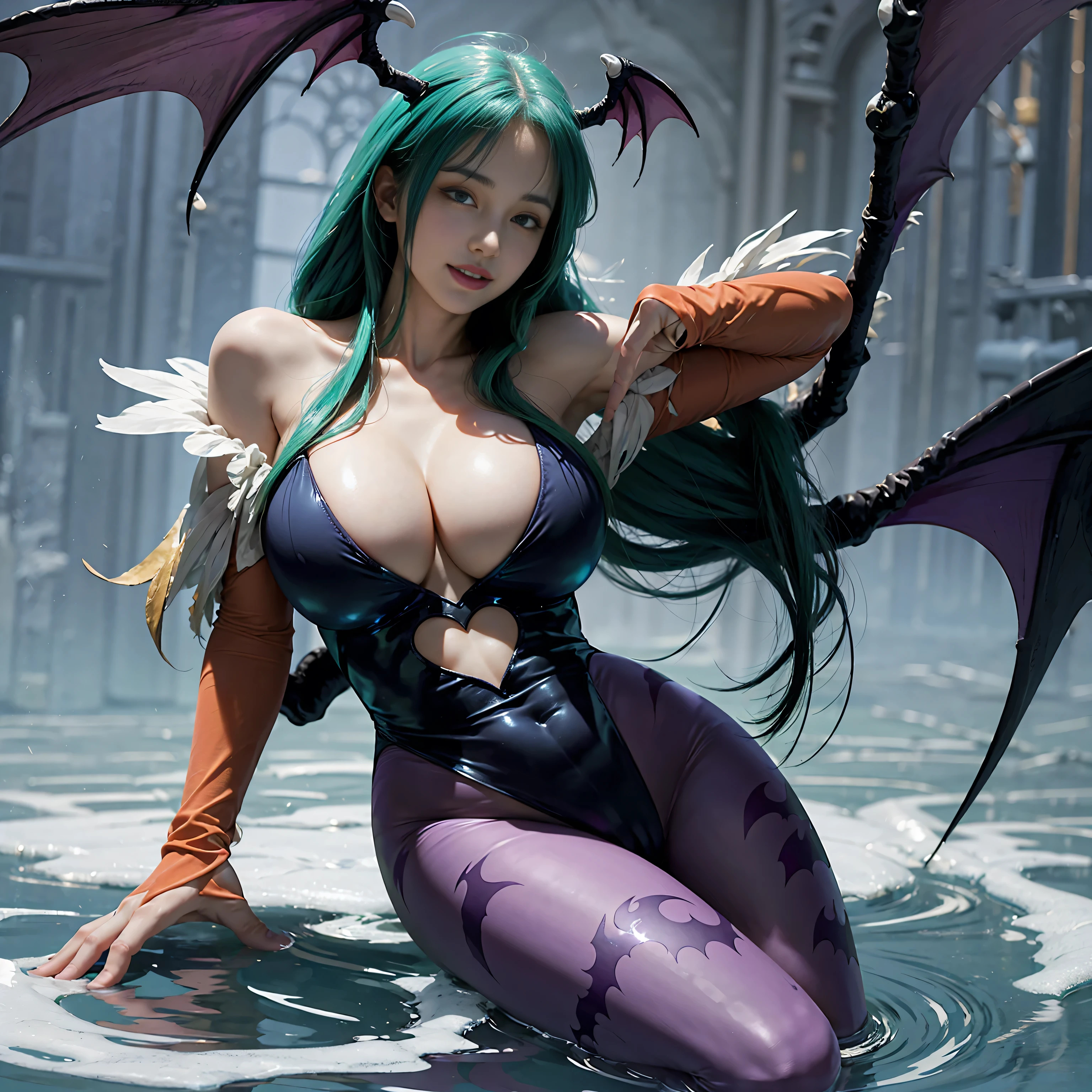 Morrigan is beautiful as always on her face with a mischievous smile that shows her entire body in detail with her large breasts, her cleavage showing a lot of her ultra large hips with the vibrant colors of her suit