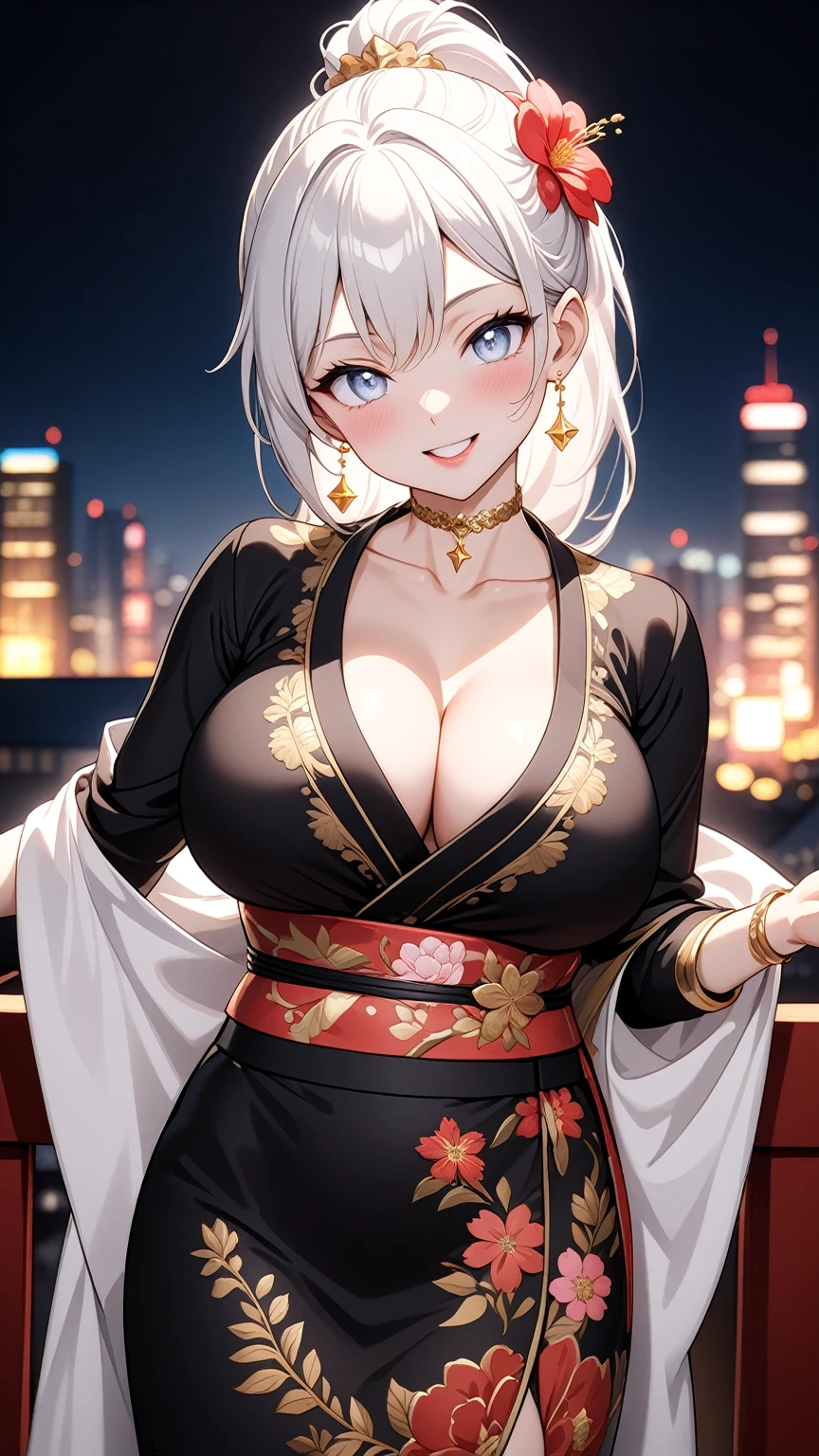 ((One personの女性)), Beautiful Face, (Laughing embarrassedly), (laugh:1.2),((Wink:1.7)), (head tilt:1.3), Laugh with your mouth wide open, upper teeth, ((waving at viewer)), ((Bright red cheeks:1.4)),Glossy Red Lips,night, Skyscraper rooftop, firework, Shining Face, ((Anime style background)),masterpiece, Highest quality, so beautiful,up to date, Complex details, (Pink long nails),(ring),(bracelet),(Floral choker),AI-generated, Complex,High resolution, Highest quality, super high quality,3D Images、3D Images,One person,Long white hair,High Ponytail, Anime woman posing for a photo,(blue eyes), ((Fine grain、Silvery white, lightly pigmented eyes、Shining Eyes:1.4)), (Squint your eyes:1.1), a hyperRealistic , hyperRealistic , Realistic,Anime woman with long white hair, Smooth anime CG art, A woman in a colorful kimono with gold embroidery, (Black long sleeve kimono),Red floral pattern,Long flower hair ornament,Floral Earrings,Mature Body,(Big Breasts:1.1),Tall,Abdominal muscles,Tight waist, (Zoom in on face:1.4), (front view),