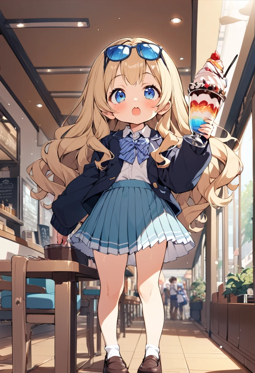 BREAK Perfect Anatomy、Highest quality、(cute:1.1)、(cute)、(High resolution:1.2)、Unbelievably absurd:1.3、Incredible illustrations、(cuteイラスト:1.2)、(Beautiful background、Coffee shop)1gial(Blonde hair and blue eyes、Wavy Hair(child,(a girl, dwarf, height 1.3meters, 30kg),,10-year-old,flat chest)(school uniform)Cocoa Float Sundae and Girl