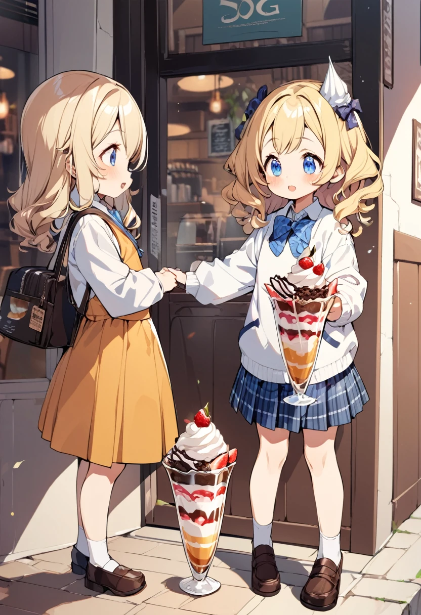 BREAK Perfect Anatomy、Highest quality、(cute:1.1)、(cute)、(High resolution:1.2)、Unbelievably absurd:1.3、Incredible illustrations、(cuteイラスト:1.2)、（Beautiful background、Coffee shop）1gial(Blonde hair and blue eyes、Wavy Hair(child,(a girl, dwarf, height 1.3meters, 30kg),,10-year-old,flat chest）（school uniform）Cocoa Float Sundae and Girl