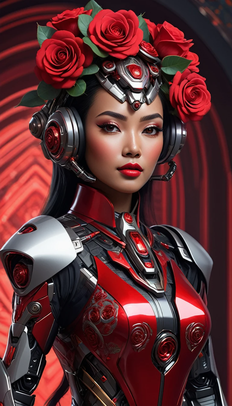 Here is a compressed version of the prompt:
"Create a hyper-realistic digital artwork of a futuristic mecha with a red rose-inspired body, featuring a Malay woman's face with a widow's peak hairstyle in an open-face helmet. The mecha's body should be adorned with intricate patterns and textures, with a glowing red crystal at its center. The Malay woman's body should be depicted in a full-body shot, wearing a fusion of traditional Malay clothing and futuristic elements. The overall design should exude elegance, sophistication, and strength. Render in photorealistic detail, with a warm, sunset-inspired background and a serene atmosphere."
This compressed prompt still conveys the main elements of the original prompt, but in a more concise and easy-to-read format.
