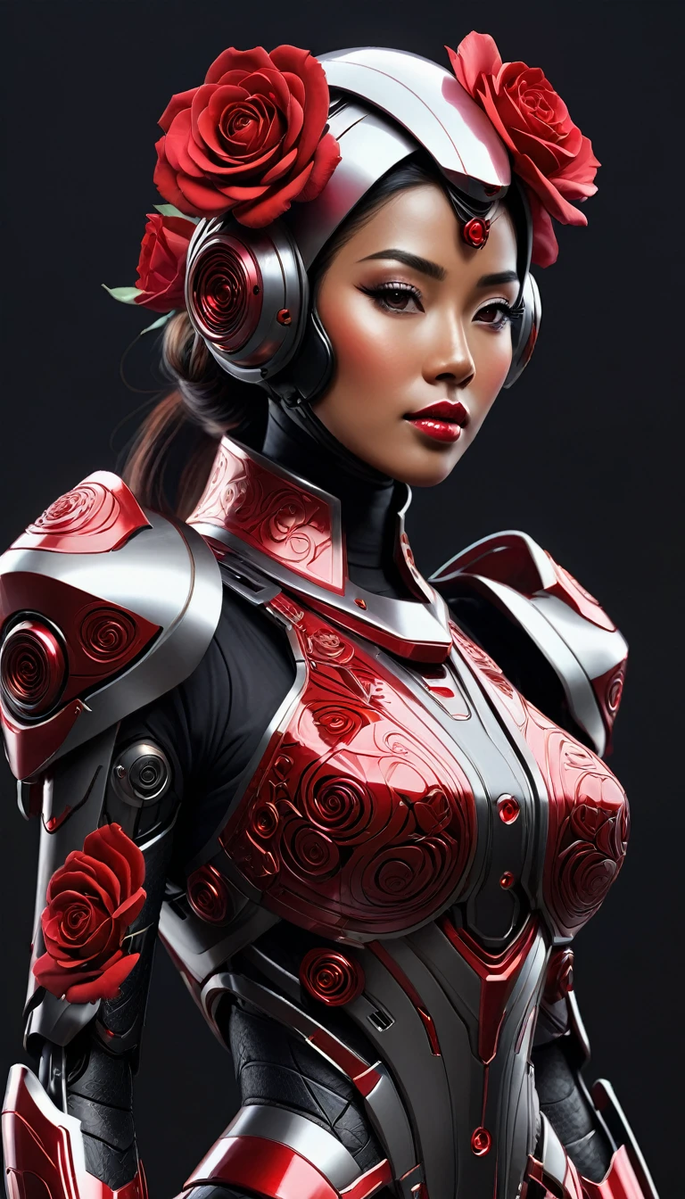 Here is a compressed version of the prompt:

"Create a hyper-realistic digital artwork of a futuristic mecha with a red rose-inspired body, featuring a Malay woman's face with a widow's peak hairstyle in an open-face helmet. The mecha's body should be adorned with intricate patterns and textures, with a glowing red crystal at its center. The Malay woman's body should be depicted in a full-body shot, wearing a fusion of traditional Malay clothing and futuristic elements. The overall design should exude elegance, sophistication, and strength. Render in photorealistic detail, with a warm, sunset-inspired background and a serene atmosphere."

This compressed prompt still conveys the main elements of the original prompt, but in a more concise and easy-to-read format.