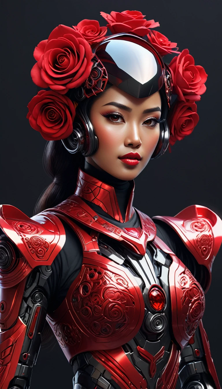 Here is a compressed version of the prompt:
"Create a hyper-realistic digital artwork of a futuristic mecha with a red rose-inspired body, featuring a Malay woman's face with a widow's peak hairstyle in an open-face helmet. The mecha's body should be adorned with intricate patterns and textures, with a glowing red crystal at its center. The Malay woman's body should be depicted in a full-body shot, wearing a fusion of traditional Malay clothing and futuristic elements. The overall design should exude elegance, sophistication, and strength. Render in photorealistic detail, with a warm, sunset-inspired background and a serene atmosphere."
This compressed prompt still conveys the main elements of the original prompt, but in a more concise and easy-to-read format.
