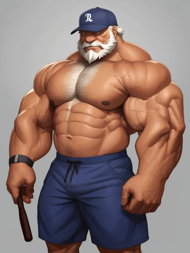 solo, 1boy, Huge Muscular Old man wearing baseball cap , pectoral, thick arms, huge pectoral, wide pectoral, short white hair, short pants and shirtless, bearded, simple background, masterpiece, high detailed, 8k, high resolution