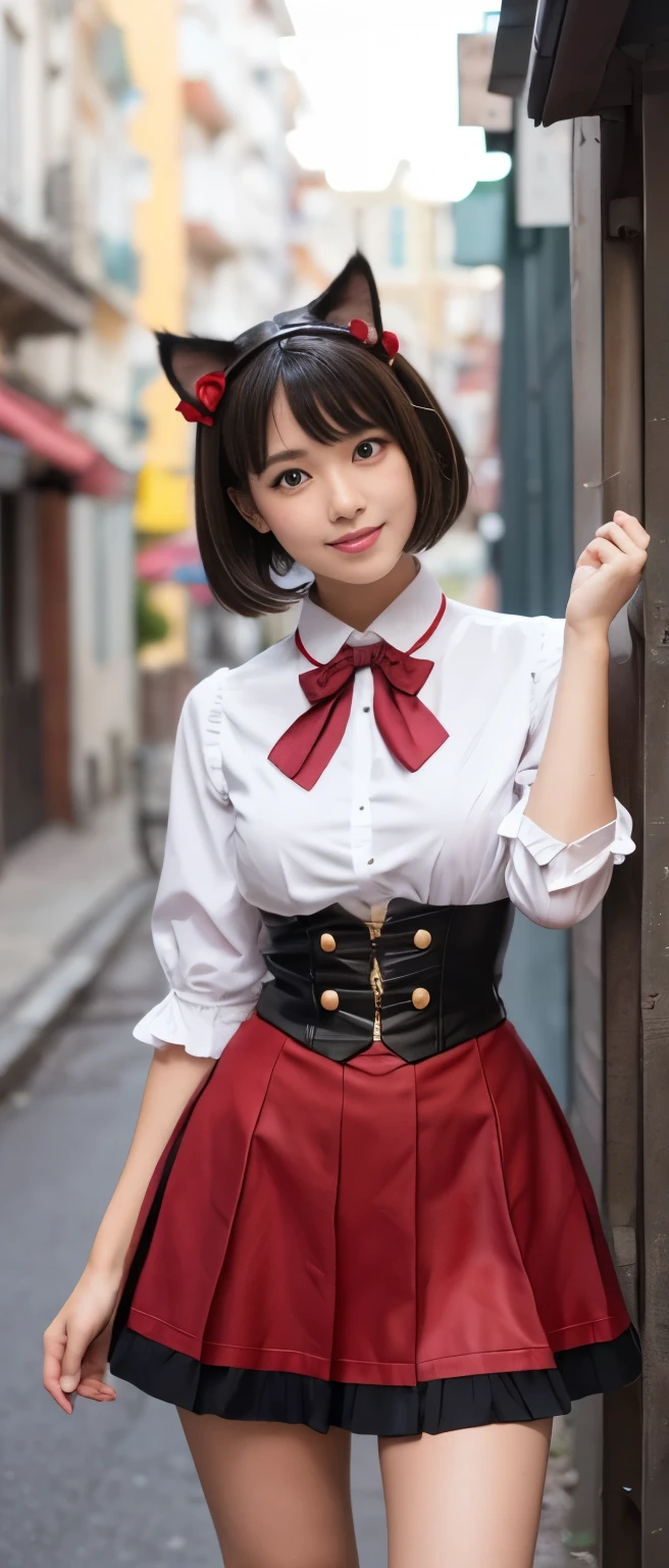 Tall and cute idol girl、whole body、Good style、、、、、、、、、、Tanned thick legs、、Black and red steampunk cat uniform、Neat and clean idol face、、Alley、Cat ear、short hair