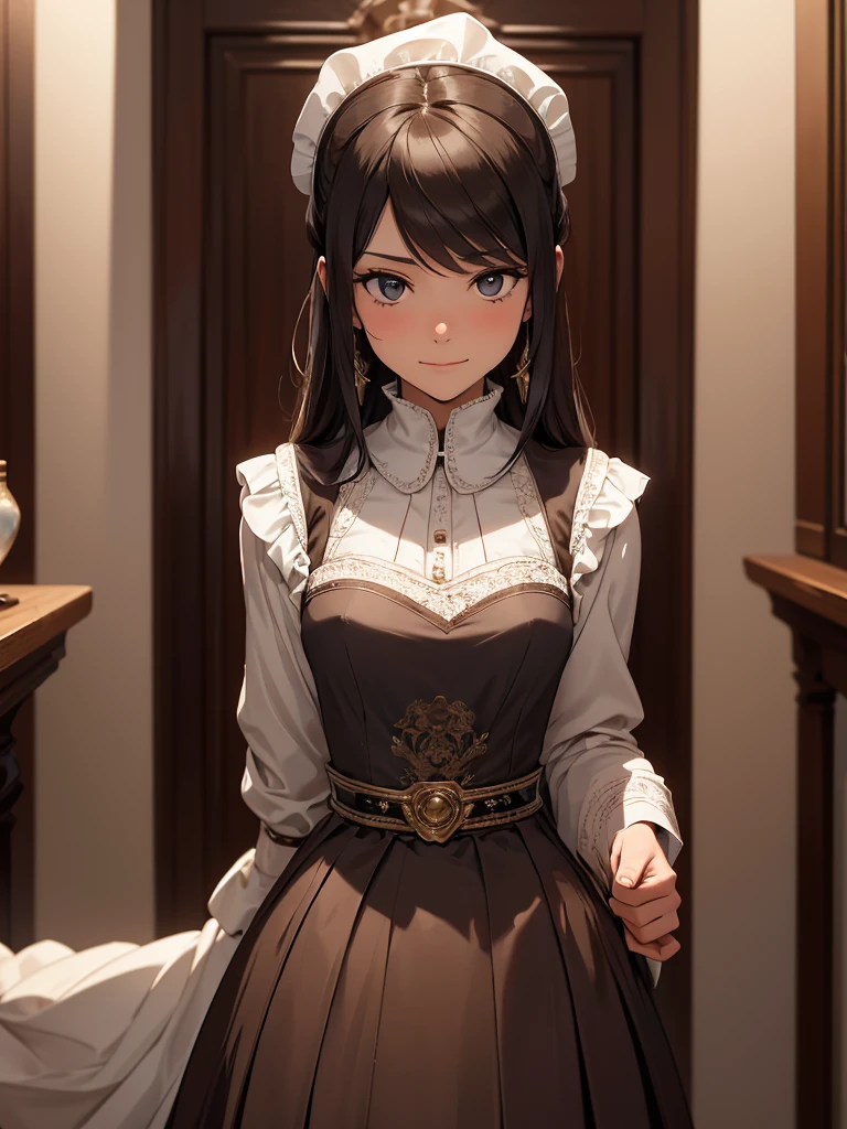 (masterpiece、top-quality、hight resolution), Picture a scene in which the protagonist is entertained by a kind, receptive, and abundantly experienced maid of honor. The maid of honor has a natural warm smile on her face, which conveys her wealth of experience and security. She is dressed in traditional chambermaid's clothing, creating a sense of calm and security. In the background is a comfortable and elegantly decorated room, emphasizing the cozy and relaxed atmosphere. The maid of honor serves with grace and care, making the hero completely relaxed and cared for. The maid of honor's main focus is to ensure the comfort of the protagonist, which is evident in her every action and facial expression.