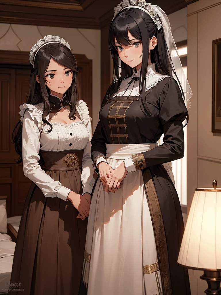 (​masterpiece、top-quality、hight resolution), Picture a scene in which the protagonist is entertained by a kind, receptive, and abundantly experienced maid of honor. The maid of honor has a natural warm smile on her face, which conveys her wealth of experience and security. She is dressed in traditional chambermaid's clothing, creating a sense of calm and security. In the background is a comfortable and elegantly decorated room, emphasizing the cozy and relaxed atmosphere. The maid of honor serves with grace and care, making the hero completely relaxed and cared for. The maid of honor's main focus is to ensure the comfort of the protagonist, which is evident in her every action and facial expression.