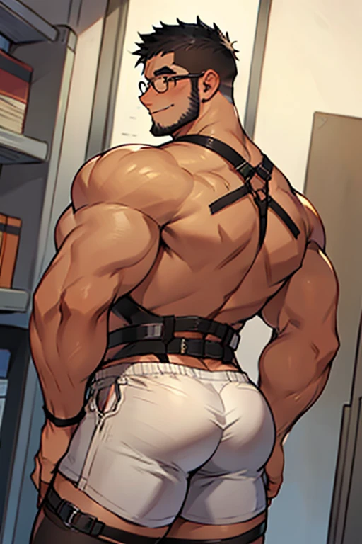 4k, masterpiece, high resolution:1.2, 1 man, solo, bara, muscular, big physique, crew cut hair, facial hair, chest, wide shoulder, big biceps, big thighs, big triceps, big butt, black hair, cute smile, friendly, standing in an office, underwear boxers , shirtless, wearing glasses, upstairs office in the background, ultra detailed, shredded muscle, flat style (((wearing harness))) (((view from the side, thick huge ass)))