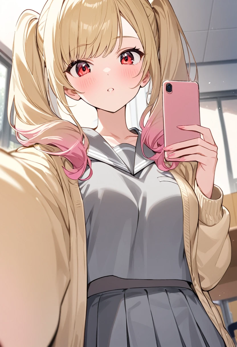 Gradient with pink tips,Blonde,Twin tails up to the shoulders,Red eyes,high school girl,A pleasant looking face,Slightly curled twin tails,(selfie1.5),medium breasts,steam,Side bangs down to the collarbone with curls, With pink gradient tips,lower body, close to viewer,Gray serafuku,Gray serafuku over yellow cardigan,classroom, (from below2)