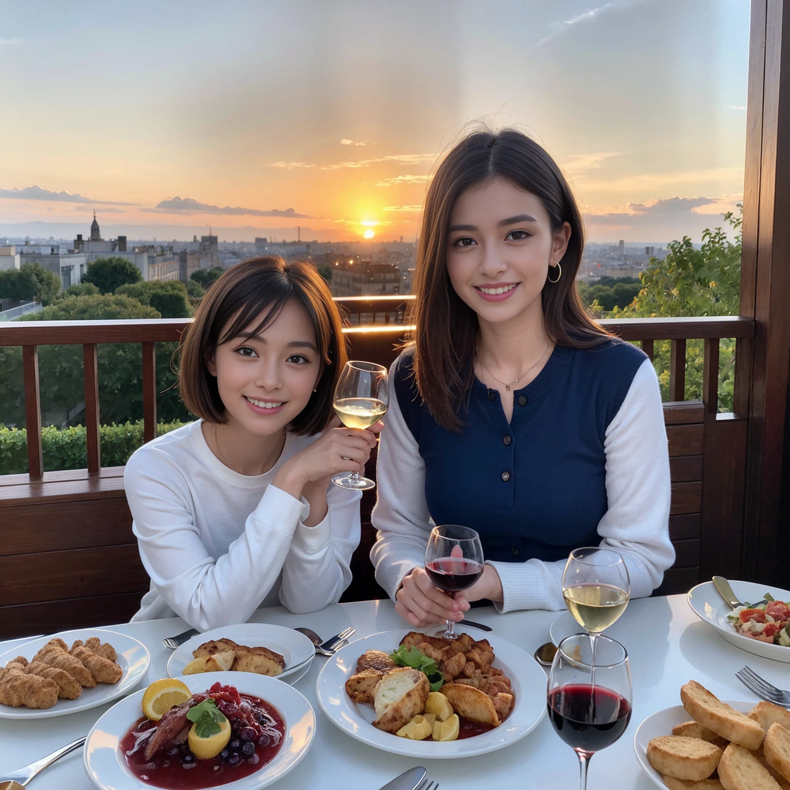 ((Highest quality、8K、masterpiece:1.3))、 (Ultra-realistic、 Genuine、Bright image、Intricate details:1.2), 最高のsmile、1 male、1 female、Beautiful couple、love love love、Lovers in Paris、Good friends、actress couple、smile、Full-course dinner at a packed table、 (Slim face), (the body is slim), (Brown Hair), (short hair), テーブルのwine glass、Please shine a light on my face、 Amazing view of the sunset sky and clouds、9 years old, red wine 、Appetizers、Wine bottle、sparkling wine、Long sleeve shirt、dress、White wine, red wine, wine glass, 